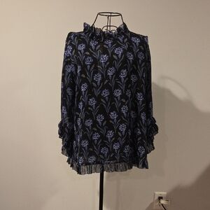 Ann Taylor Factory Black Blouse with Blue Floral Ruffle Details